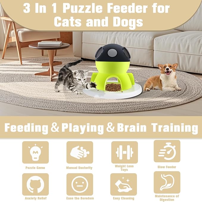 HOSUKKO Interactive Cat Puzzle Feeder,3 in 1 Intelligence Brain Stimulation Game Cat Treat Puzzle Toy and Slow Feeder Enrichment Toys for Indoor Cats Dogs (Green)