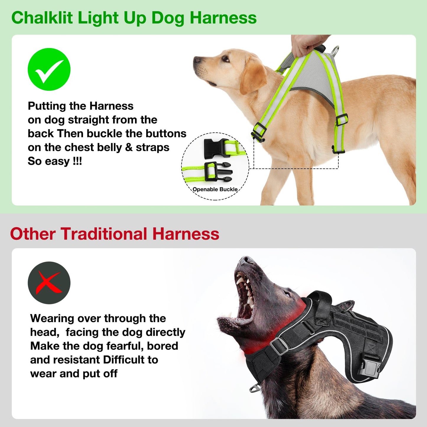 ChalkLit Light Up Dog Harness, No Pull Led Dog Harness Glow-in-The-Dark for Night Walking, USB Rechargeable Lighted Safety Vest for Medium Large Dogs, Adjustable Soft Mesh Fully Illuminated(Green, L)