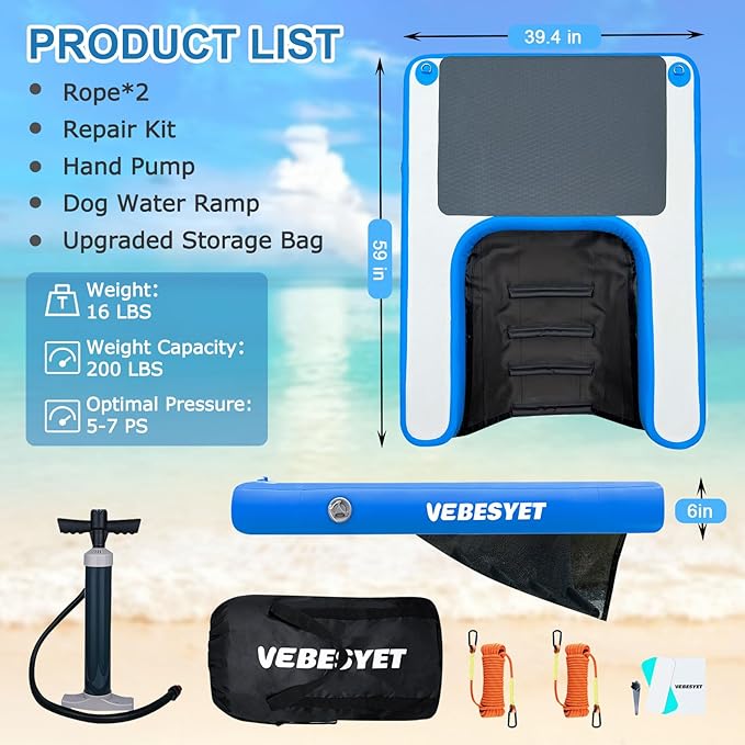 Inflatable Dog Water Ramp, 5FT Dog Floats Ramp Ladder for Pools, Boats, Docks, Sea and Lake, Non-Slip EVA Pool Ladder Platform for Pets Up to 220LBS