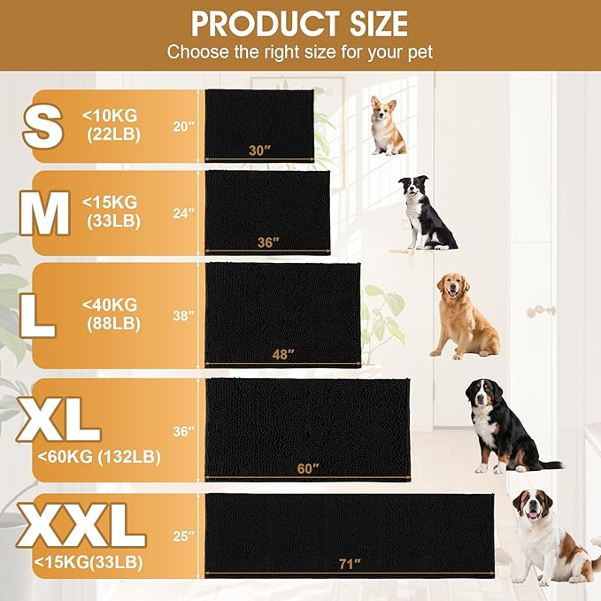 IM HOME Extra Large 71" x 25" Black Dog Door Mats for Muddy Paws, Chenille Absorbent Dog Mat, Non Slip Heavy Mud Mat for Dogs, Soft Pet Bed Mat for Entryway, Mud Paws, Inside Floor