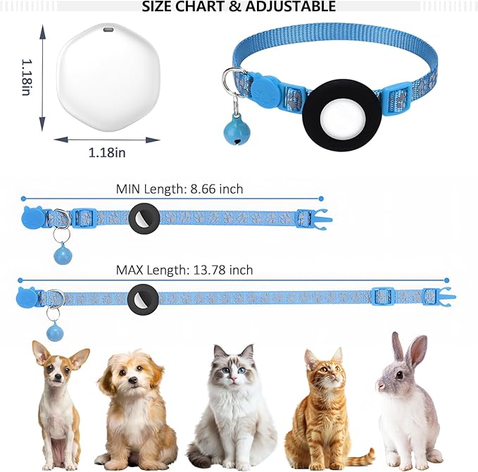 GPS Tracker for Cats, Mini GPS Pet Tracker with Collar, IP68 Waterproof Cat Trackers Collar,No Monthly Fee,Work with Apple Find My(iOS Only),Smart Trackers for Pets(Blue)