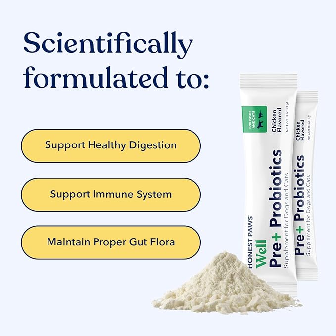 Honest Paws Probiotics for Dogs - Digestive & Immune Support Powder with Prebiotic Made in The USA, Chicken Flavor (30 Sticks)