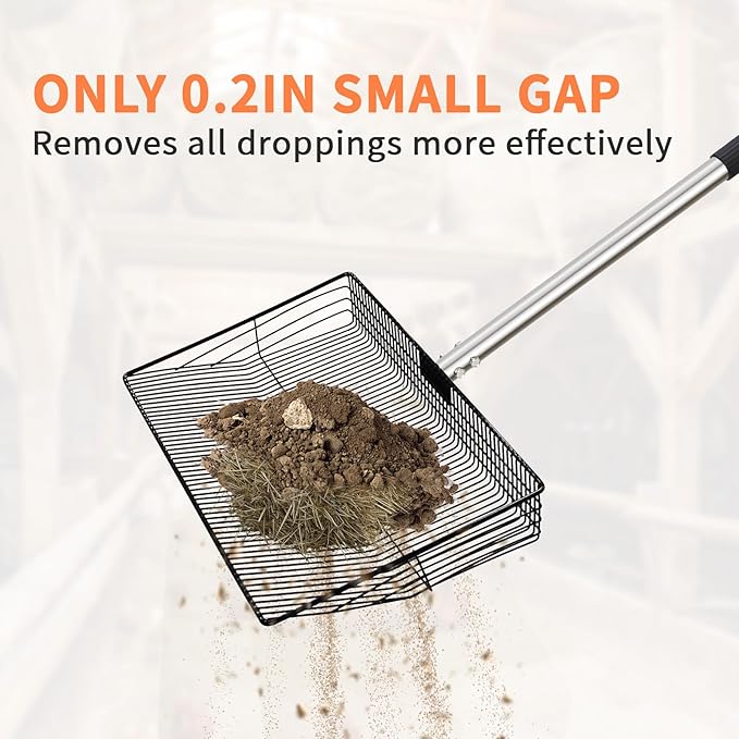 Large Chicken Poop Scooper, Metal Coop Scoop with 32" to 67" Adjustable Long Stainless Steel Handle, Chicken Poop Scooper for Sand with Heavy Duty Sifting Shovel for Chicken/ Horse/ Pet Coops (15 IN)