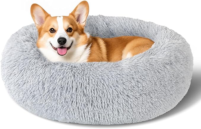 Dog Calming Beds for Small Medium Dogs - Round Donut Washable Dog Bed, Anti-Slip Faux Fur Fluffy Donut Cuddler Anxiety Cat Bed(Light Grey 28")