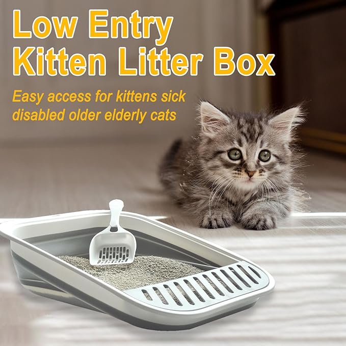 Low Entry Kitten Litter Box, Collapsible Shallow Litter Box Senior Cats Anti-Splashing Kitty Training Open Potty Pan Scoop Leak-Proof Pedal Cat Toilet No Smell Easy Clean