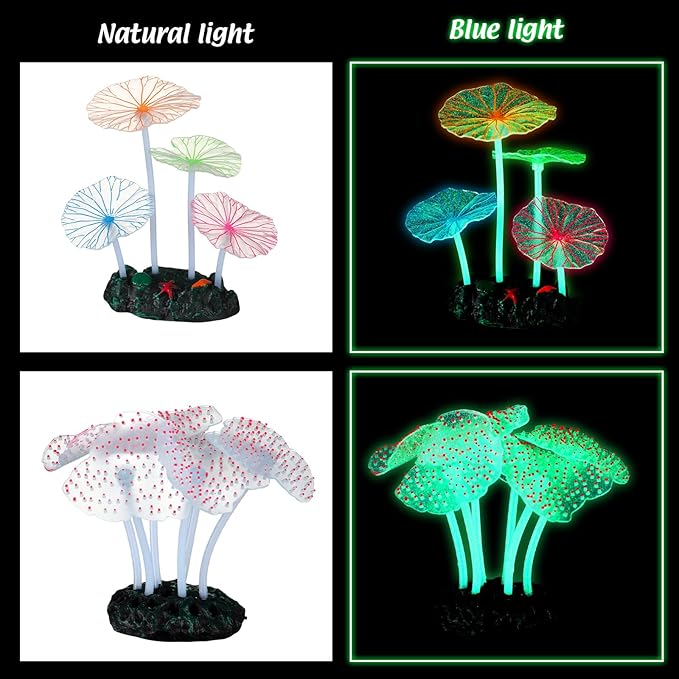 Frienda 8 Pieces Glowing Fish Tank Decorations Plants with 2 Style Glowing Kelp, Sea Anemone, Simulation Coral, Jellyfish, Lotus Leaf, Mushroom for Aquarium Fish Tank Ornament (Purple, Pink)