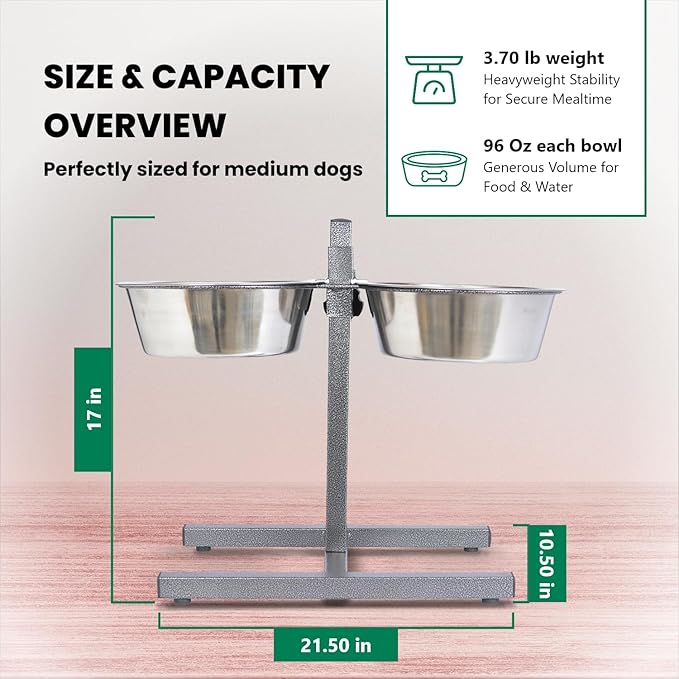 Iconic Pet Adjustable H-Design Double Diner - Non-Skid Rubber Base Noise Free Stable Dog Food Stand with 3 Quart/ 96 oz Stainless Steel Elevated Dog Food Bowls for Proper Growth & Digestion