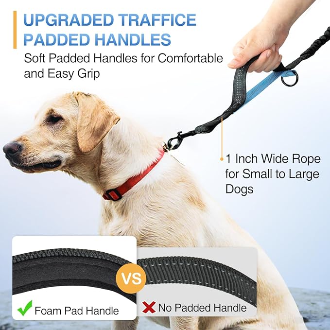 Kytely Hands Free Dog Leash with Zipper Pouch, Wide Padded Waist Dog Running Leash for Medium and Large Dogs, Dual Padded Handles, Retractable Bungee for Walking Jogging Training Hiking