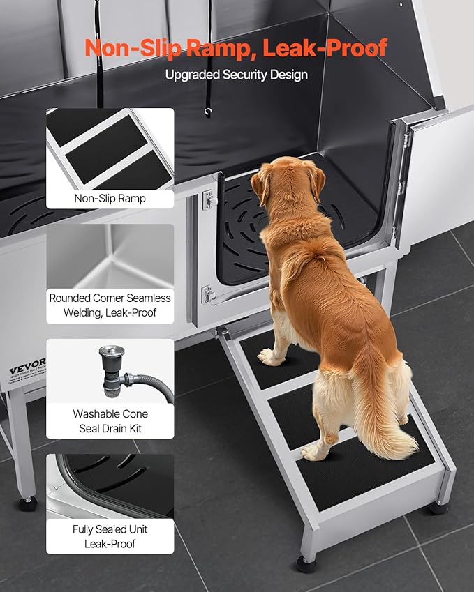 VEVOR Stainless Steel Dog Washing Station, 50 inch Pet Grooming Tub w/Ramp, PE Water Filter Board, Faucet & Showerhead & Soap Holder Dog Bathtub for Large & Medium & Small Pets (Right Door)