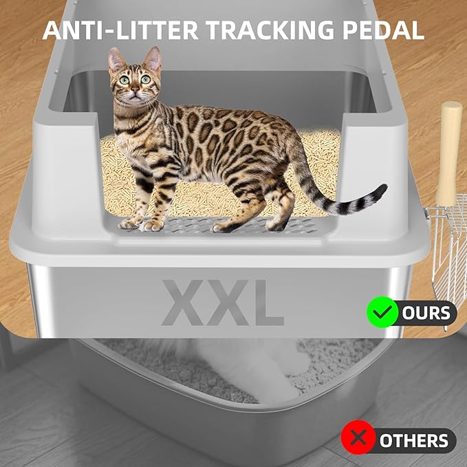 Stainless Steel Litter Box - 28" Extra Large XXXL Cat Litter Box with High Sides, Non-Sticky & Anti-Leakage for Big Cats/Multiple Cats, Includes Heavy Duty Metal Scoop, Grey