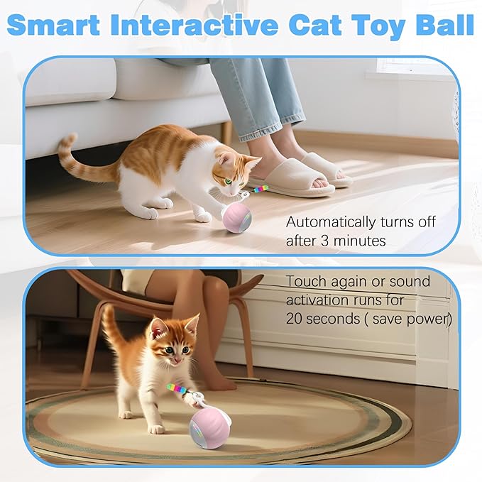 Cat Toys Interactive for Indoor Cats, Touch & Sound Smart Control - Fast slow 2 Speed Motion Activated Cat Ball Toy for Bored Cats With LED Lights, Feathers Tail, USB Charging Cable, 6in1 - Pink