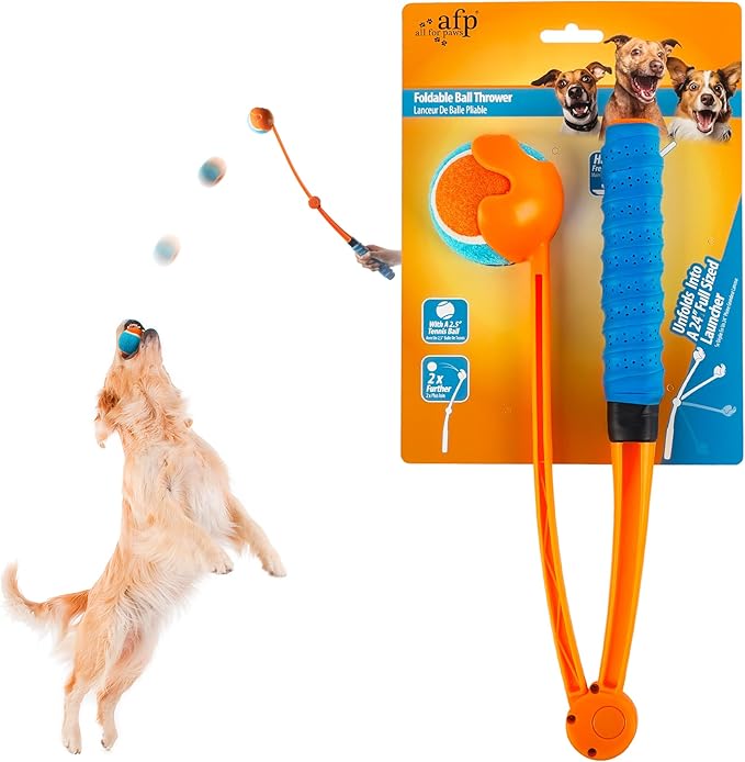 ALL FOR PAWS 25“Dog Ball Launcher, Foldable Tennis Ball Thrower with Soft and Comfortable Tennis Racket-Like Handle Grip, 2.5 inch Ball Included
