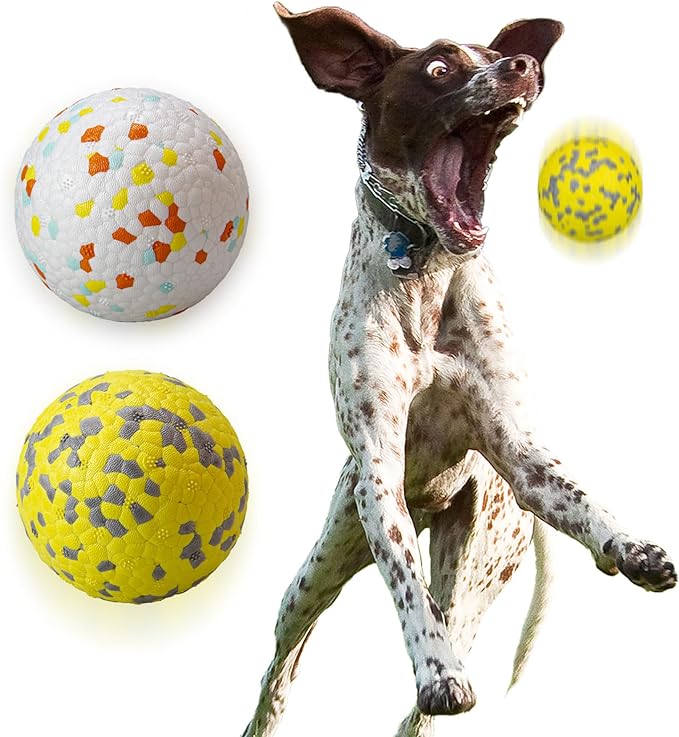Dog Tennis Balls for Aggressive Chewers, Indestructible Dog Balls for Fetch Game, Durable Bouncy Lightweight Floating Toys (1 White + 1 Yellow, Large (3" Diameter))
