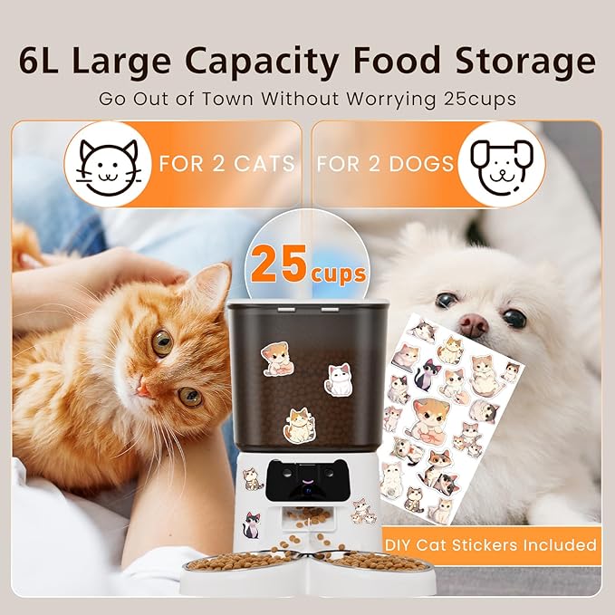 Automatic Cat Feeder with Camera, 6L WiFi Smart Pet Feeder with APP Control, 1080P HD Video, Voice Call, Motion Detection, Dual Power Supply, for Dogs Cats, Small-Pet (White, 6L)