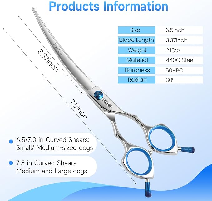 Curved Dog Grooming Scissors 7 in Curve Shears for Pet Dogs Cat Japan 440C 30°Arc Upward & Downward for Trimming Face and Paws(7, Curved)