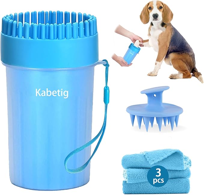 Dog Paw Cleaner for Meduim Small Breed Dogs with 3Pcs Absorbent Towels & Graspable Dog Bath Brush (Blue, Medium)