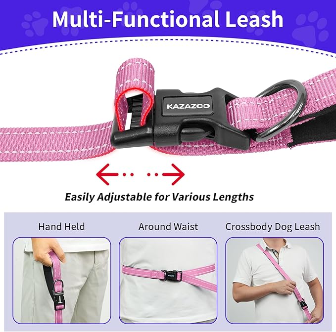 Hands-Free Dog Leash with Adjustable Length 6-9FT + Dual Padded Handles Reflective Safety for Walking, Jogging & Training | Suitable for Medium to Large Dogs & Puppies Pink-L