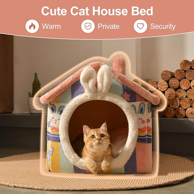 JIUPETY Cute Cat Beds for Indoor Cats, Foldable Cat House with Non-Slip Bottom, S Size Kitten Bed Up to 8 Lbs Kitty, Rainbow