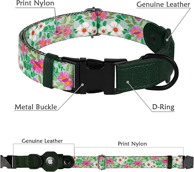 AirTag Dog Collar with Metal Buckle - Soft Leather Printed Nylon Dog Collar with Apple AirTag Holder - Cute Tracking GPS Pet Collars for Girl Boy Small Large Dogs (M, 14"-18" Neck Fit, Floral)