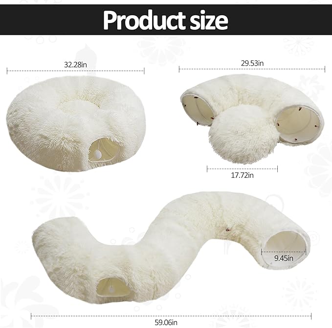 White Fluffy Warm Plush Cat Round Tunnel Tube, Soft Collapsible Multi-Combinations Cat Donuts Bed for Kitty Kitten Puppy Rabbit Ferret