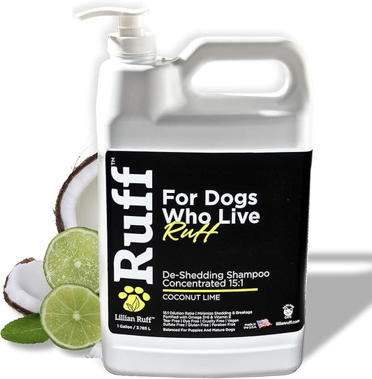 Ruff by Lillian Ruff 15:1 Concentrated Deshedding Dog Shampoo – Extra-Strength Shedding & Odor Control – Aloe, Coconut Oil & Vitamin E – Puppy Safe, USA Made - Coconut Lime – Gallon Pump