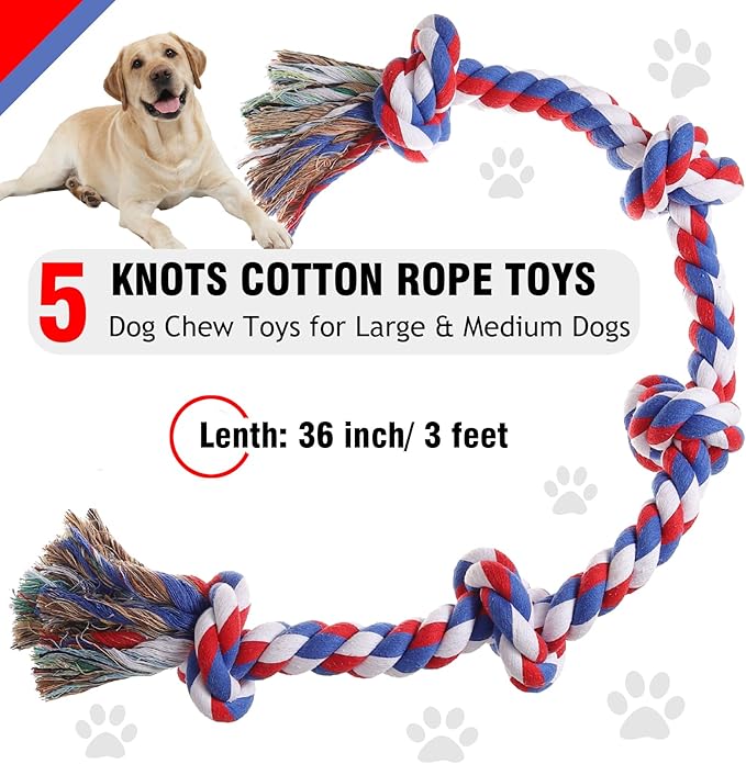Dog Rope Toys for Large Dogs Aggressive Chewers, Dog Chew Toys for Large Breed Indestructible, Heavy Duty Tough 3 Feet 5 Knots Dog Toy, Sturdy Rope toy for Dogs Tug of War Dog Toy Teeth Cleaning