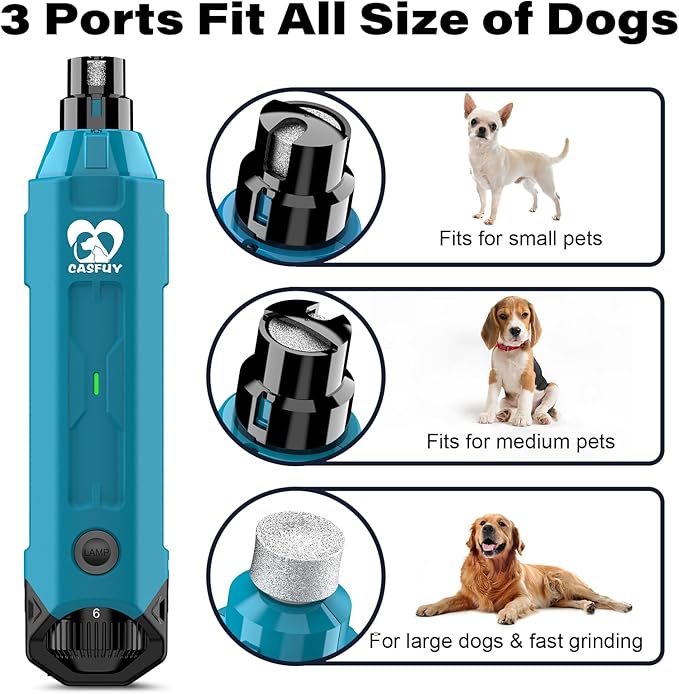 Casfuy 6-Speed Dog Nail Grinder - Newest Enhanced Pet Nail Grinder Super Quiet Rechargeable Electric Dog Nail Trimmer Painless Paws Grooming & Smoothing Tool for Large Medium Small Dogs (Bright Blue)