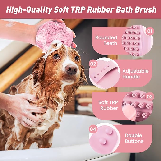 Pet Shower & Bath Supplies，Dog Shampoo Brush Set with Towel, Washing Gloves,Comb for Dogs and Cats (Pink)