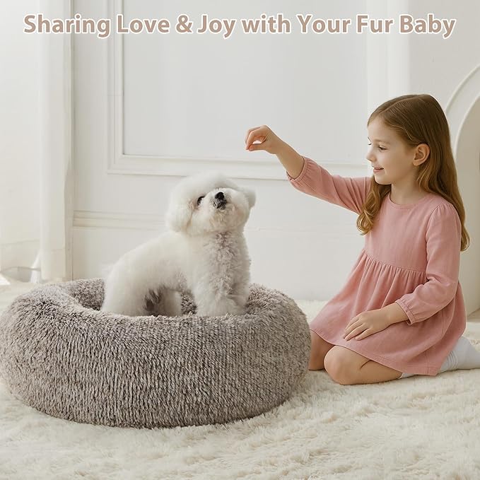 WNPETHOME Calming Dog Bed Cat Bed Donut, Faux Fur Pet Bed Self-Warming Donut Cuddler, Comfortable Round Plush Dog Beds (30 x 30 x 10 Inch, Light Coffee)