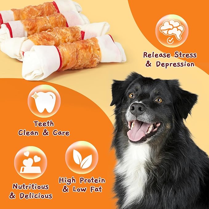 Jungle Calling Chicken Wrap Knotted Bones Dog Chews 6.5" Pack of 4, Long Lasting Beefhide Treats Real Chicken Wrap Rawhide Bones for Large Dogs Training Treats (3 Packs)