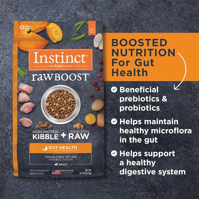 Instinct Raw Boost Gut Health, Natural Dry Dog Food with Freeze Dried Pieces, Grain Free Recipe - Real Chicken, 18 lb. Bag