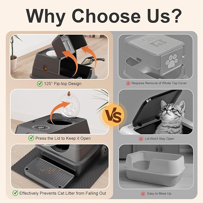 Stainless Steel Cat Litter Box with Lid, XL Extra Large Kitty Litter Box, Enclosed Top Entry Metal Litterbox for Big Cats, Easy Cleaning, Anti-Leakage & High Sided with Mat, Aisle & Scoop Dark Grey