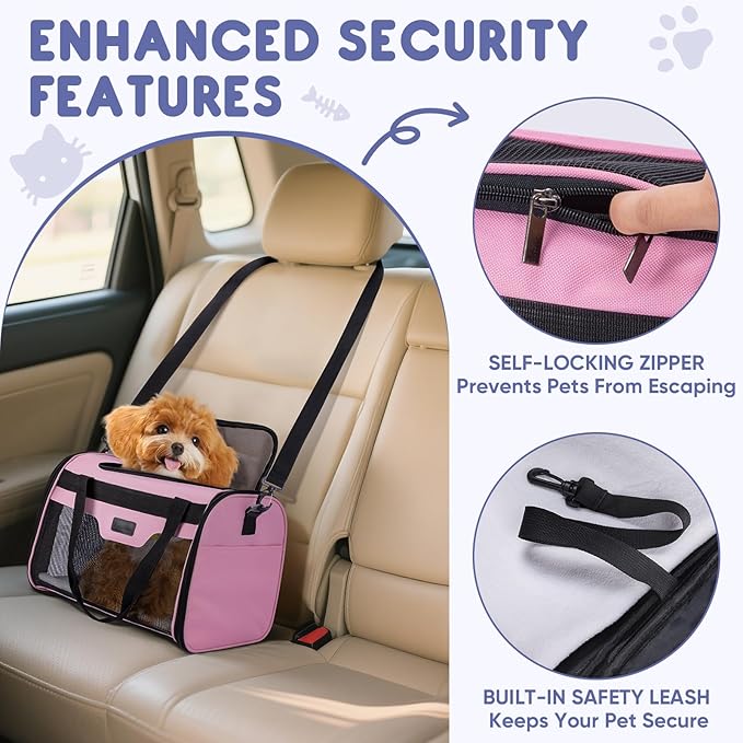 BALEINE Cat Carrier, Puppy Dog Carrier for Small Medium Pets Up to 22 Lbs, Soft-Sided Dog Travel Bag with Safety Zippers, Collapsible Pet Carrying Case (Pink, XL, 19"x12"x12")