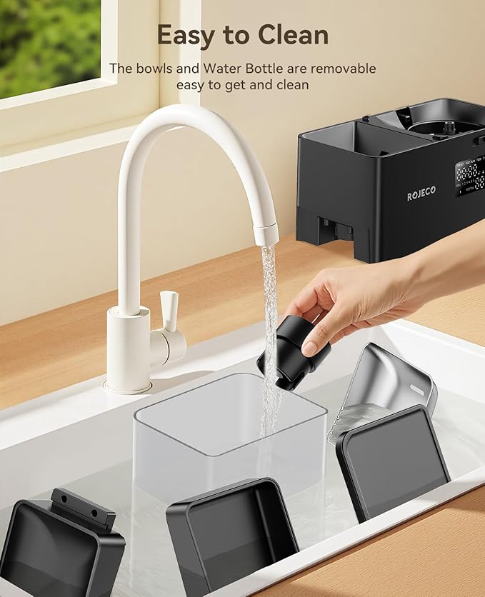 Rojeco 36Cups/8.5L Pet Automatic Cat Feeder and Gravity Water Dispenser,Stainless Steel Bowls 2-in-1 Set Large Capacity 5L Food Feeder and 3.5L Water Fountain for Cats,Pets,Small Dogs,Black