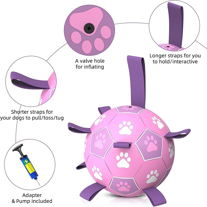 QDAN Dog Toys Soccer Ball with Straps - Durable Balls for Small Medium Dogs, Beach Pool Water Toy Dog Tug Toys for Tug of War, Puppy Pet Birthday Gifts (6 Inch)