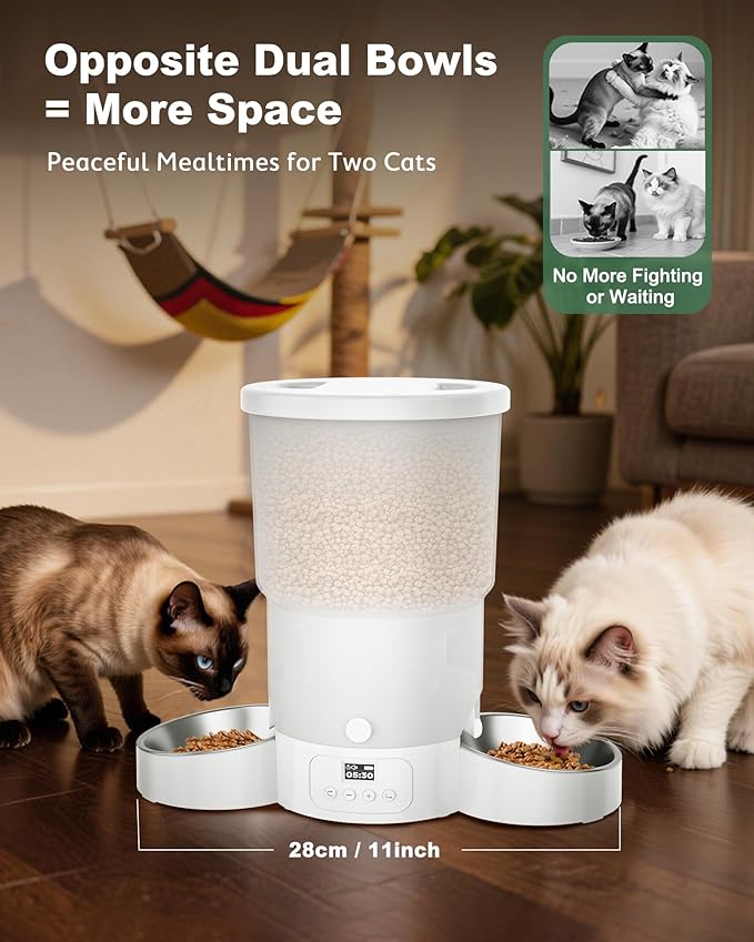 Gimars 5L Automatic Cat Feeder for 2 Cats, Programmable 1-6 Meals Cat Food Dispenser with Stainless Steel Bowl, Easy Setup, Dual Power Supply,10s Meal Call Timed Pet Feeder for Cats and Small Dogs