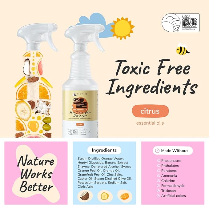 kin+kind Pet Odor Eliminator for Home - Litter Deodorizer, Pet Urine Odor Eliminator Spray and Stain Remover Spray for Harwood Floods, Carpet and Fabric - Pee, Odor and Stain Destroyer 32 fl oz