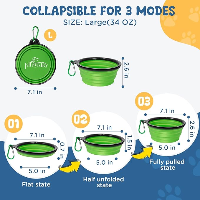 Large Collapsible Dog Bowls, 2 Pack 34oz Portable Travel Dog Bowls, Foldable Water Bowl for Dogs, Pet Feeding Watering Dish with Carabiner, Food Grade Silicone BPA Free(Pink+Green, L)