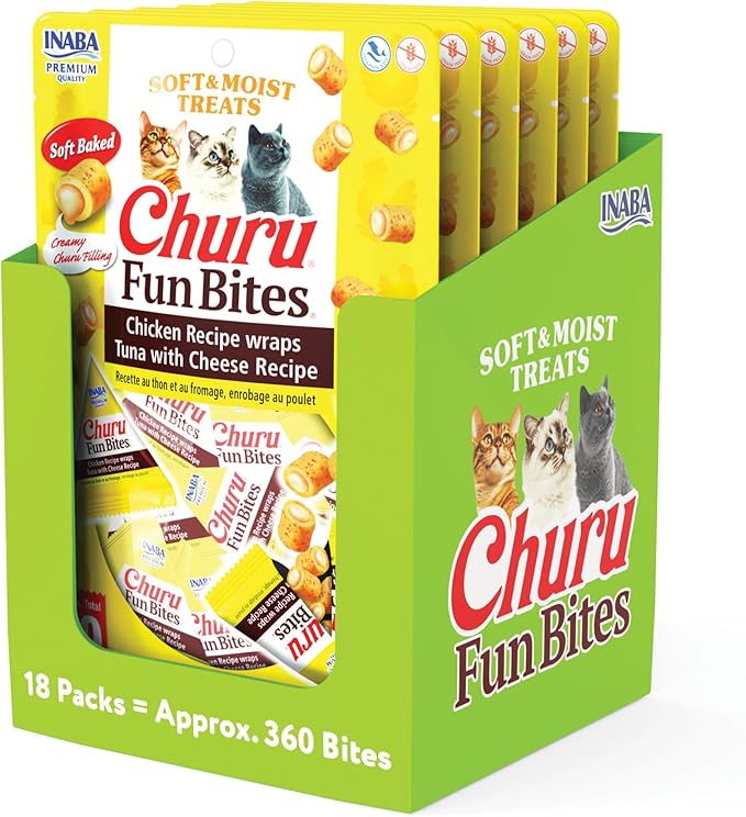 INABA Churu Fun Bites for Cats, Soft & Chewy Cat Treats with Taurine, 0.42 Ounces Each Tetra, 18 Tetras (3 per Bag), Tuna with Cheese Recipe