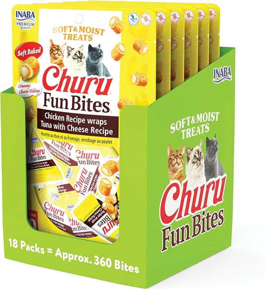 INABA Churu Fun Bites for Cats, Soft & Chewy Cat Treats with Taurine, 0.42 Ounces Each Tetra, 18 Tetras (3 per Bag), Tuna with Cheese Recipe