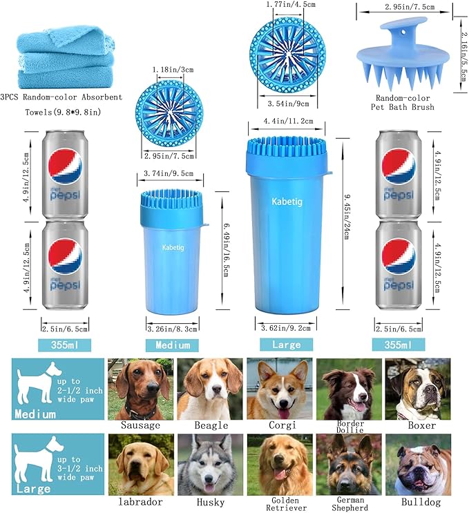 Dog Paw Cleaner for Meduim Small Breed Dogs with 3Pcs Absorbent Towels & Graspable Dog Bath Brush (Blue, Medium)