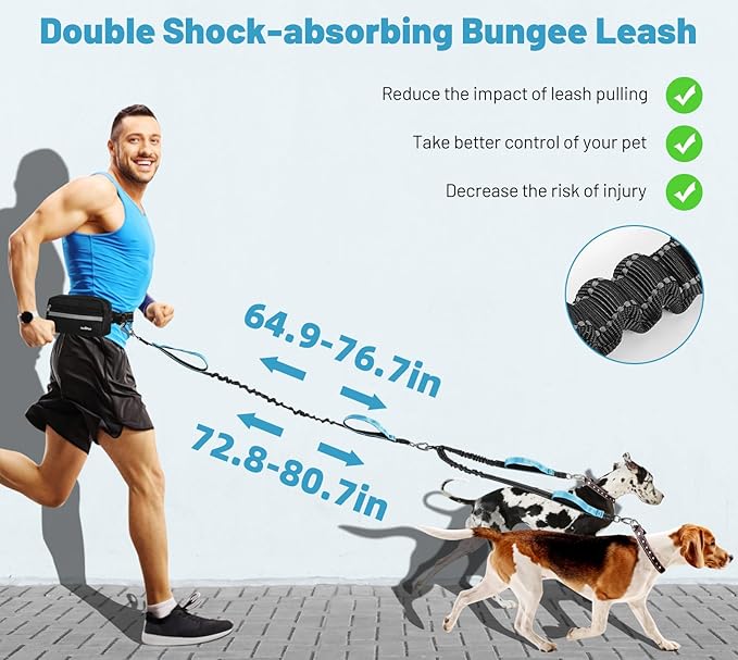 Hands Free Dog Leash, Shock Absorbing Waist Leash for Dog Walking, Jogging, Hiking, Adjustable Waist Belt with Fanny Pack & Handle, Reflective Pet Running Belt for 2 Small, Medium, Large Dogs