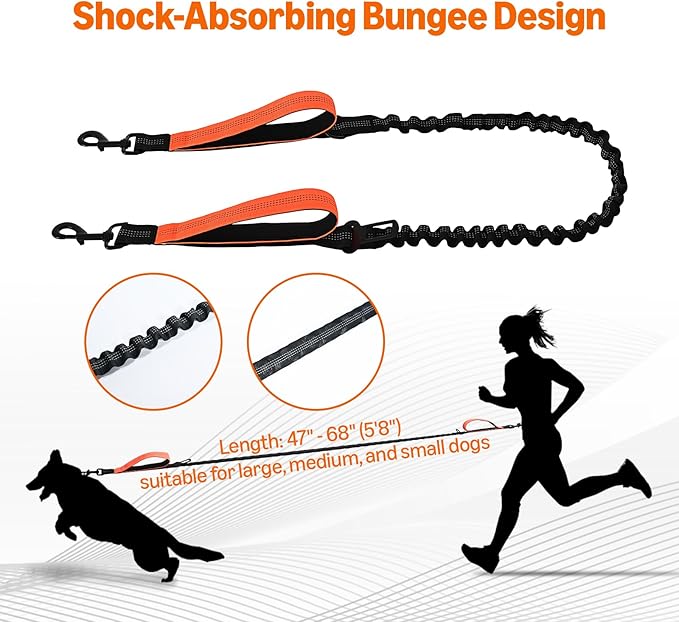 Amazon Basics Hands Free Dog Leash with Running Bag, Adjustable Waist Belt, Dual Padded Handles, Reflective Bungee Leash for Walking, Jogging, Hiking, Fits Small to Large Dogs (Up to 150 lbs)