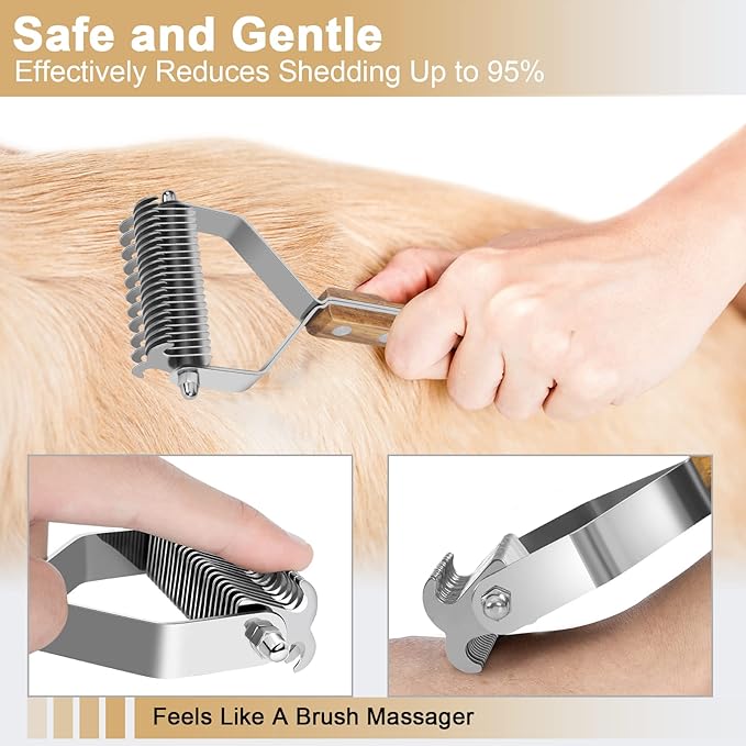 Undercoat Rake for Dogs - Dual-Sided Deshedding Blade, Wooden Handle, Professional Pet Grooming Tool with Matting Remover & Shedding Control for Double Coat Dogs & Long-Haired Cats, Large