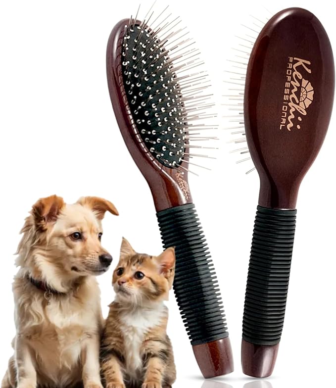 Kenchii Pet Grooming Metal Pin Brush for Dogs and Cats, Solid Wood Handle, Non Slip Grip, Detangling and Shedding Brush for Long or Short Haired Pets, Size Small