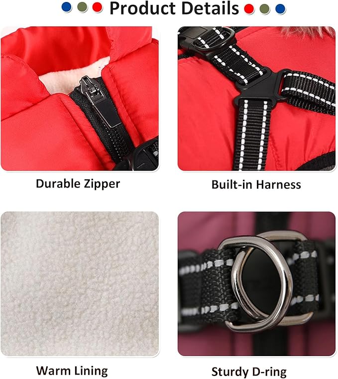 HDKUW Small Dog Jacket, Small Dog Coat Harness Winter Warm Vest Jacket Waterproof Cotton Costume for Puppy Small Dogs (S, Red)