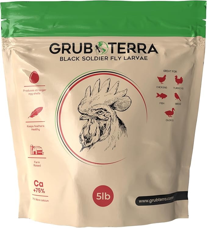 GrubTerra Golden Dried Black Soldier Fly Larvae - Premium Supplement to Increase Egg Production for Hen Treats, Bird Feed, Chicken Feeder, Pet Bird Food, and Wildbird Feed, Never from China! (5lb)