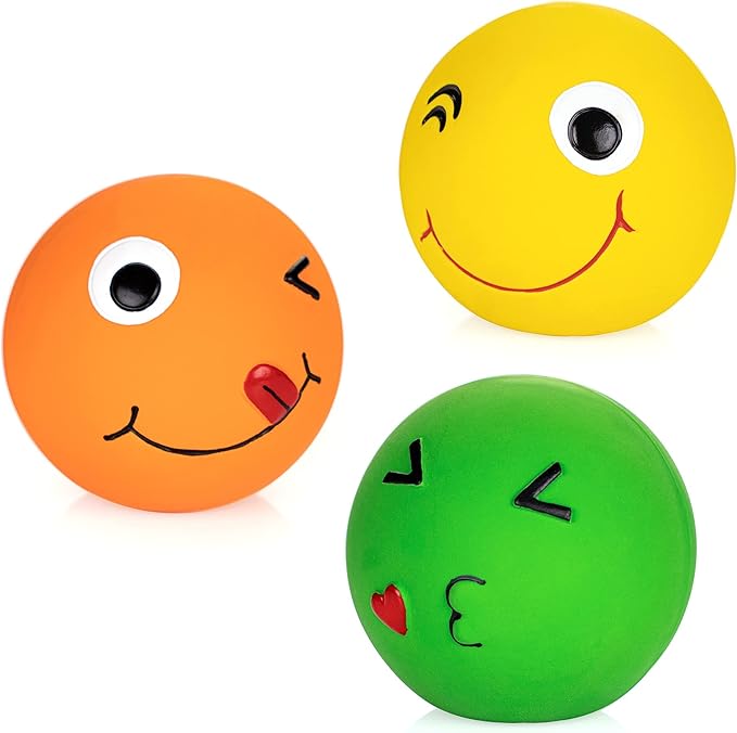 CHIWAVA 3 Pack 2.7'' Latex Squeaky Dog Toy Ball Smiley Face Round Balls Interactive Fetch Play for Medium Dogs