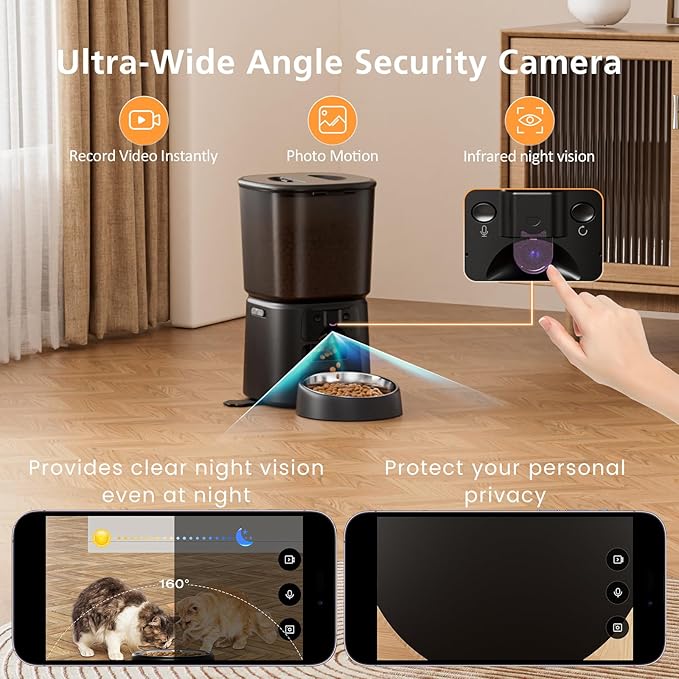 Automatic Cat Feeder with Camera, 4L WiFi Smart Pet Feeder with APP Control, 1080P HD Video,Night Vision,Voice Call, Motion Detection, Dual Power Supply, Supports 5GHz/2.4GHz,for Dogs Cats, Small-Pet