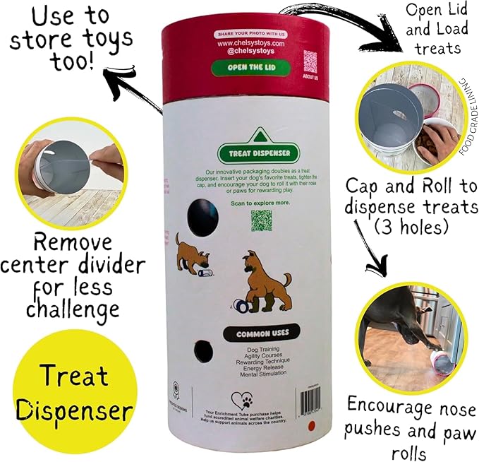 Chelsy's Toys 3-in-1 Enrichment Tube for Dogs - Tug Toy, Treat Dispenser & Snuffle Ball | Durable Rope Dog Toy | Interactive Dog Treat Puzzle for Large Dogs & Puppies (Lavender)